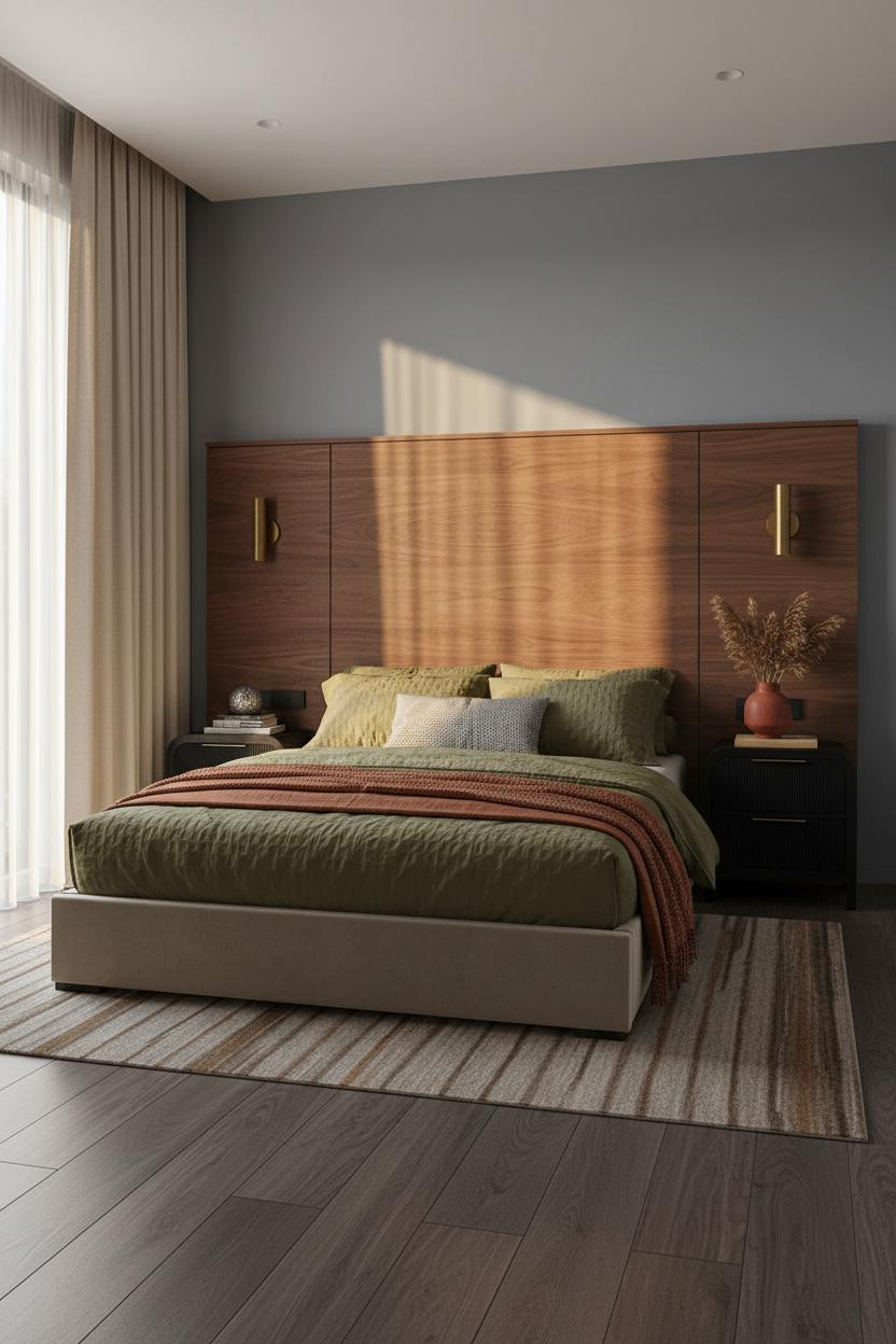 Small Bedroom Couples Walnut Headboard Window Light