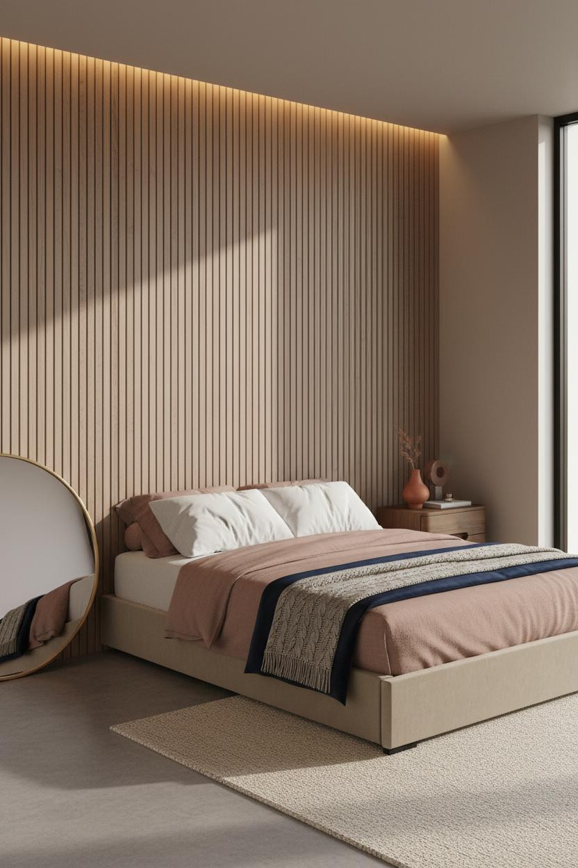 Small Bedroom Couples Walnut Slat Wall