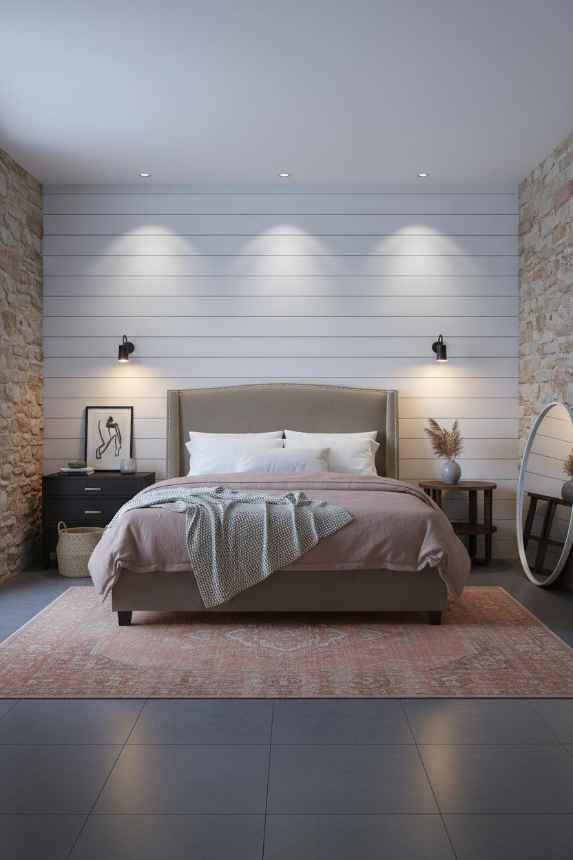 Small Bedroom Couples Shiplap Headwall