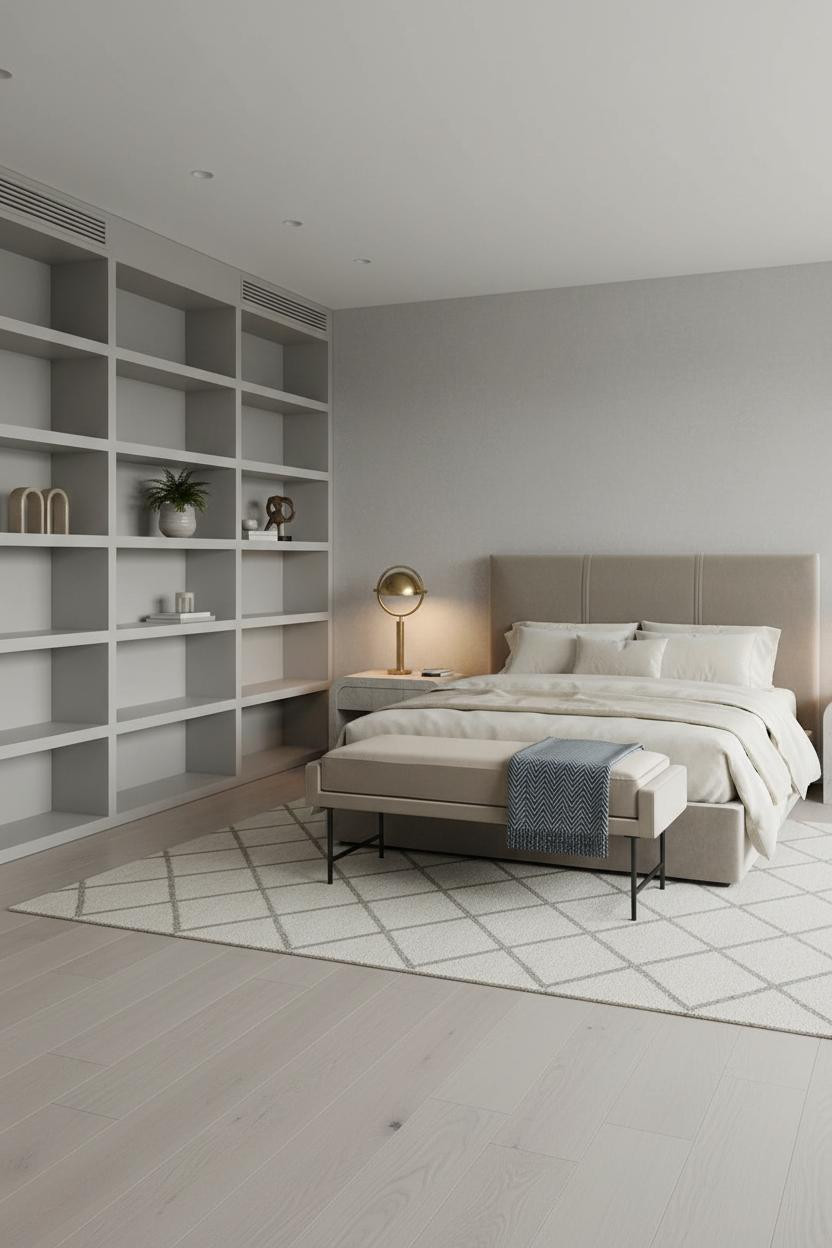 Taupe Grey Bedroom Built In Shelves