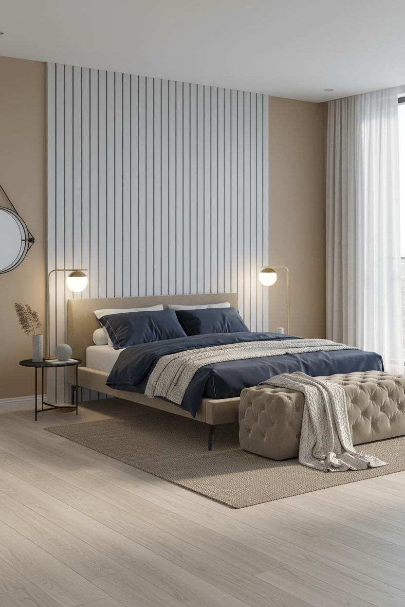 Taupe Grey Bedroom Slatted Wall