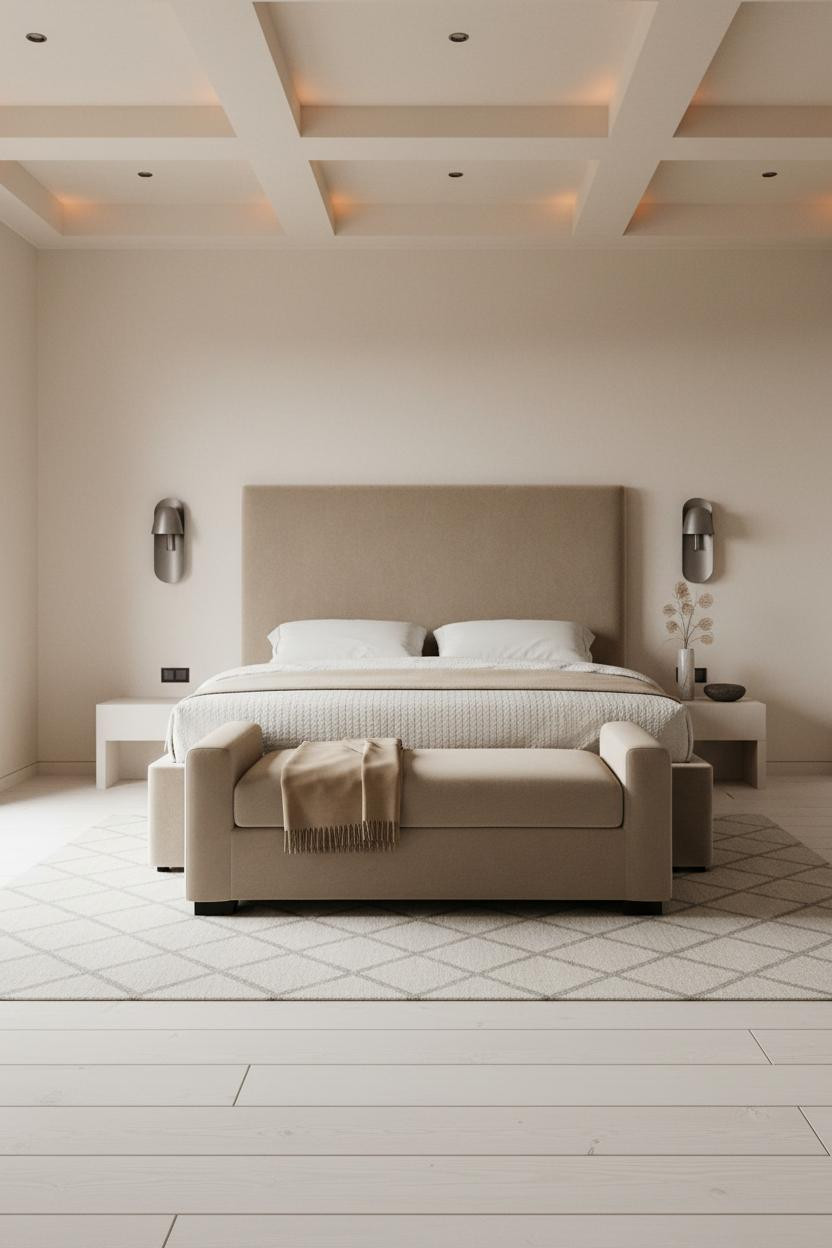 Taupe Grey Bedroom Coffered Ceiling