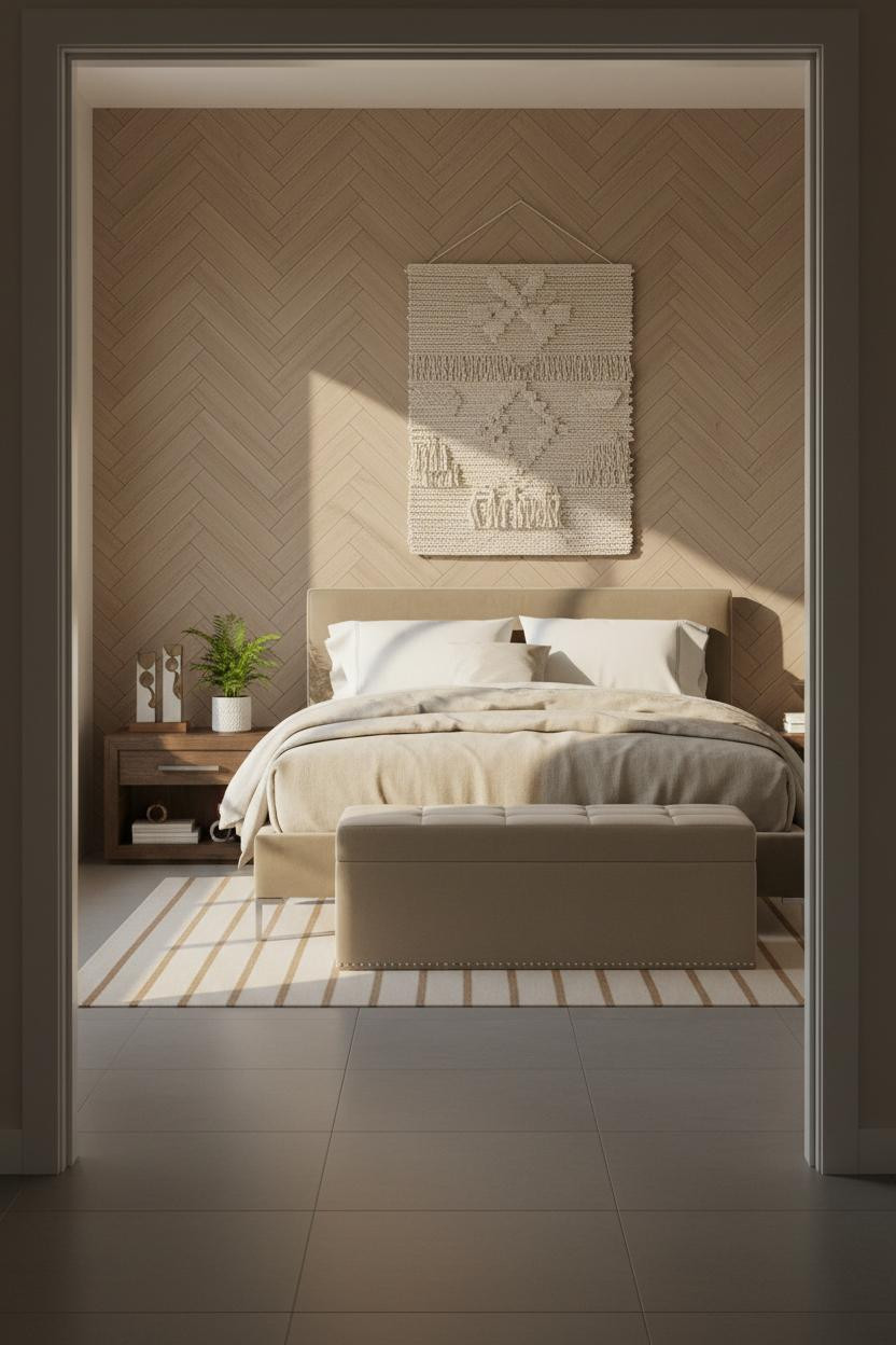 Taupe Grey Bedroom Herringbone Accent Wall