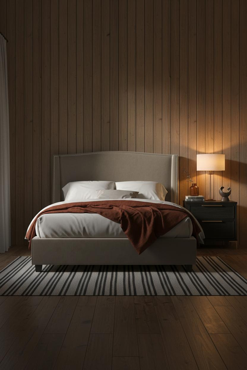 Dark Neutral Bedroom Moody Oak Paneling