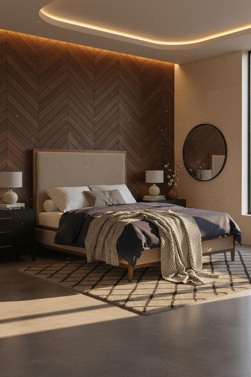 Dark Neutral Bedroom Herringbone Accent Wall