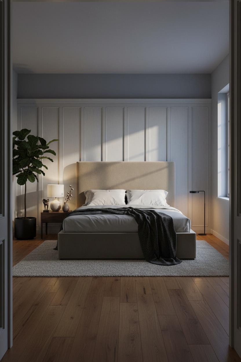 Dark Neutral Bedroom Moody Minimalist Wainscoting