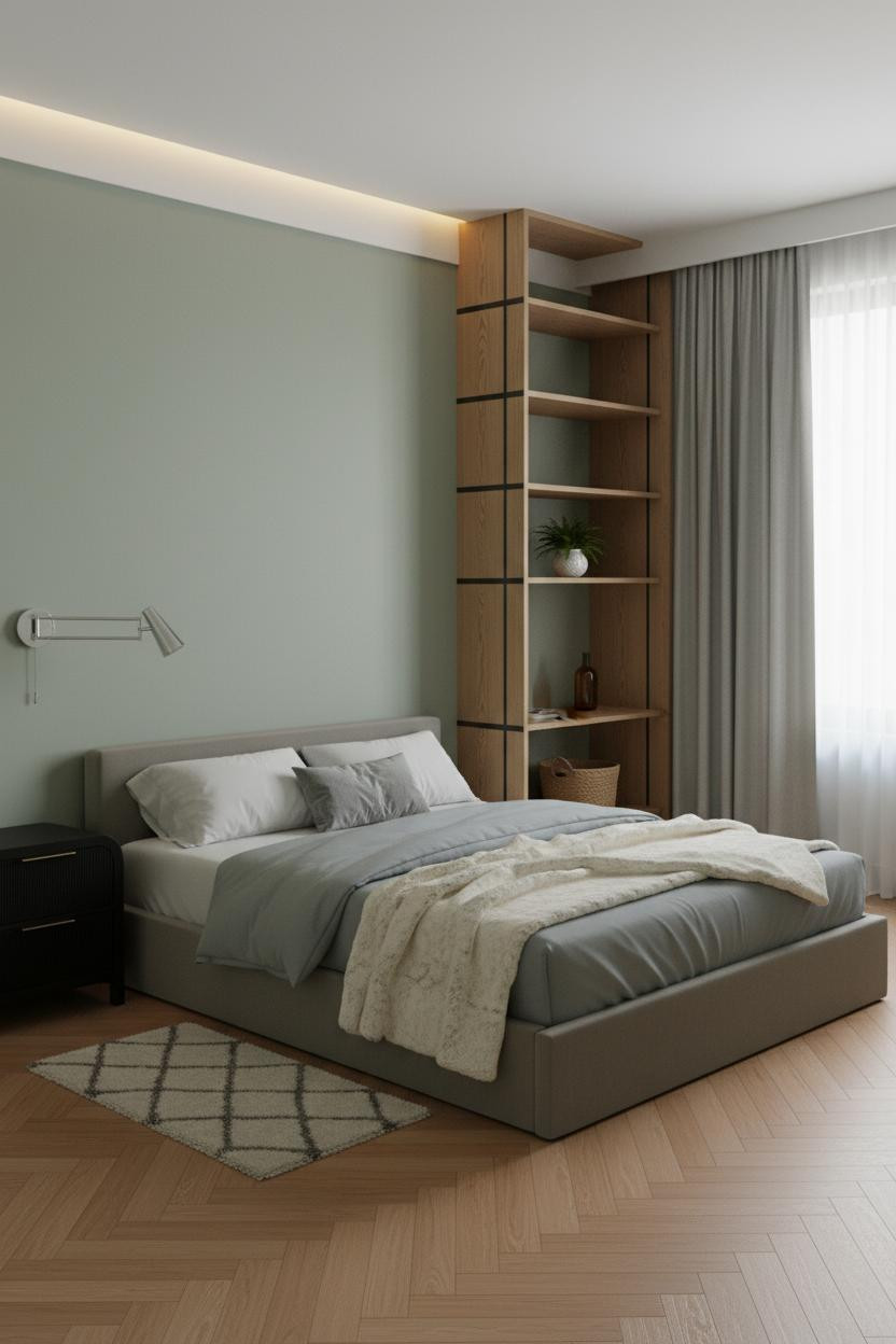 Small Bedroom Minimalist Oak Shelving Design