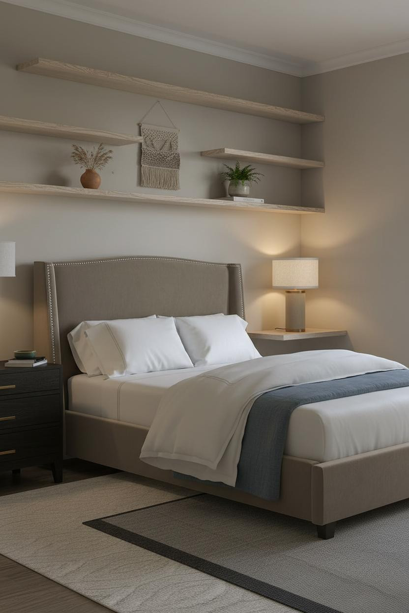 Small Bedroom Minimalist Floating Shelves Design