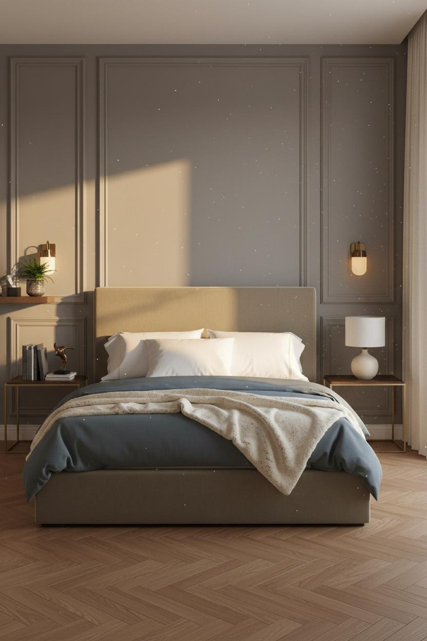 Modern Neutral Bedroom Paneled Wall Warm Light