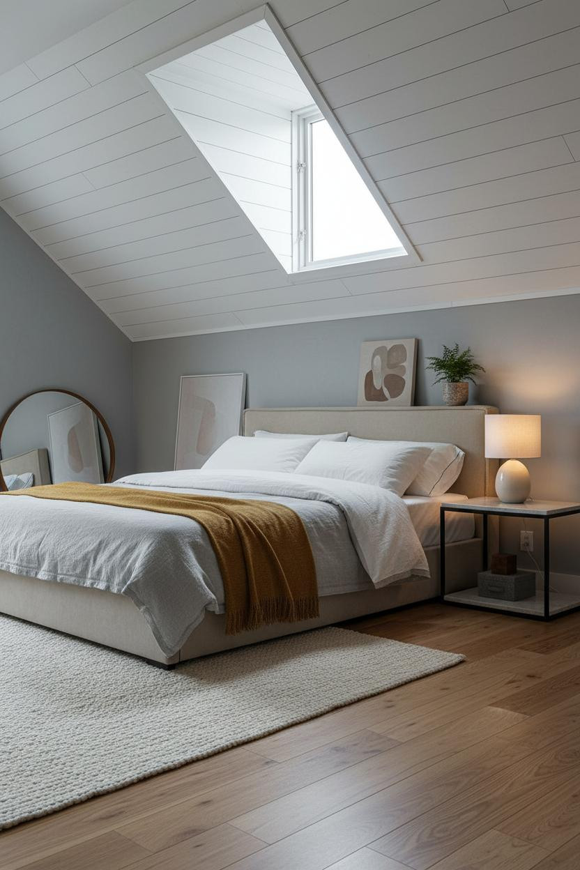 Modern Neutral Attic Bedroom Whitewashed Shiplap