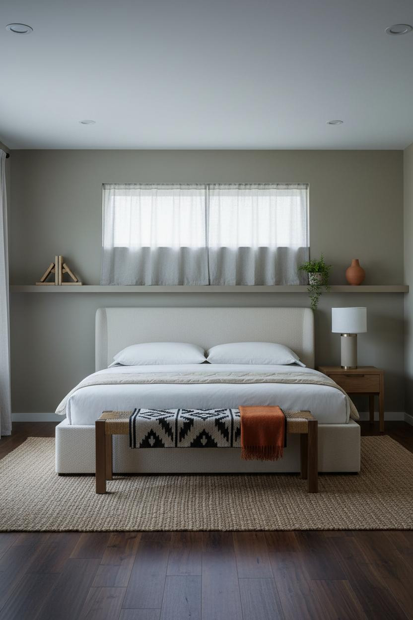 Modern Neutral Bedroom Floating Shelf Warm Farmhouse Style