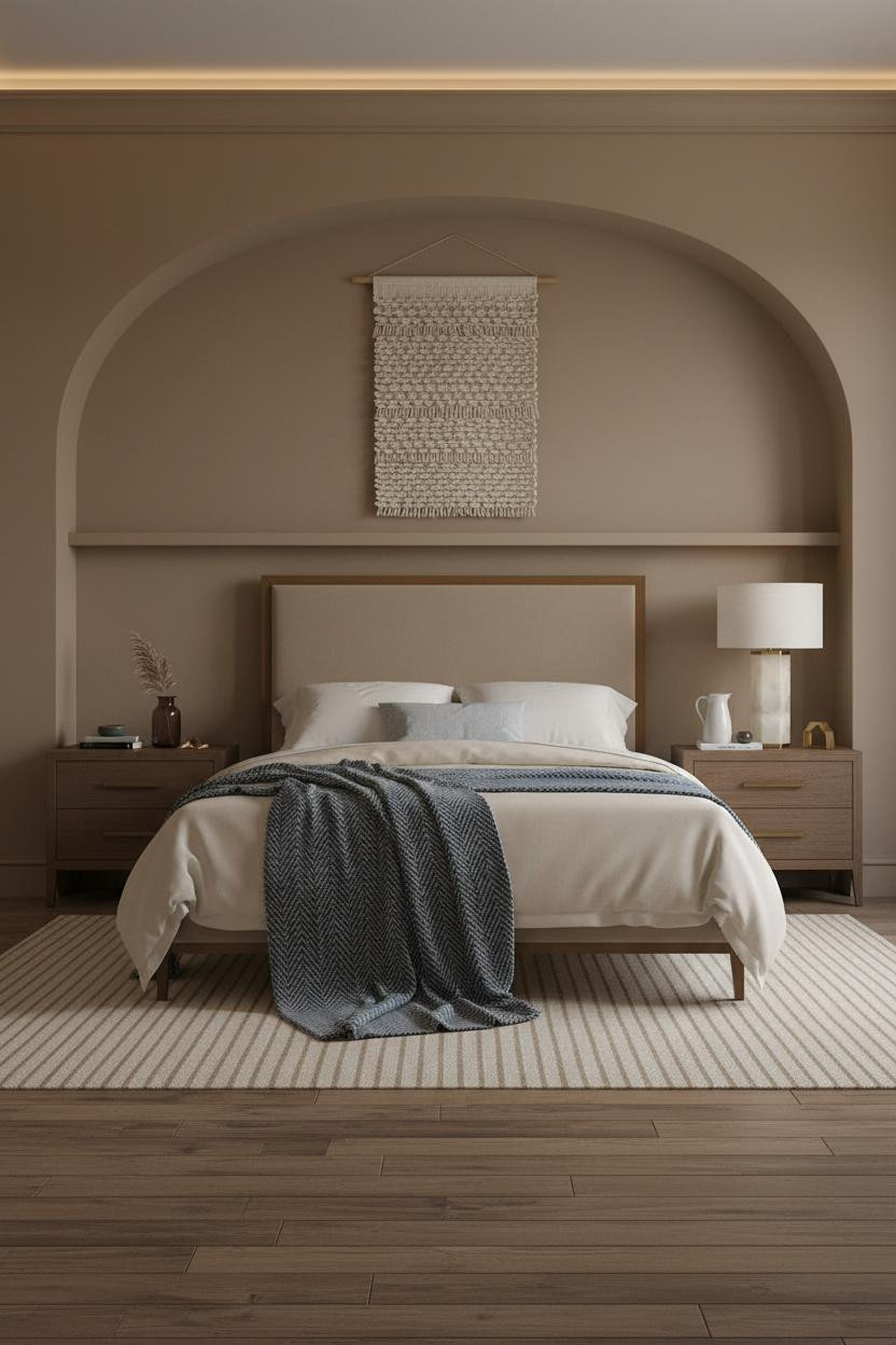 Modern Neutral Bedroom Arched Niche Mushroom Walls