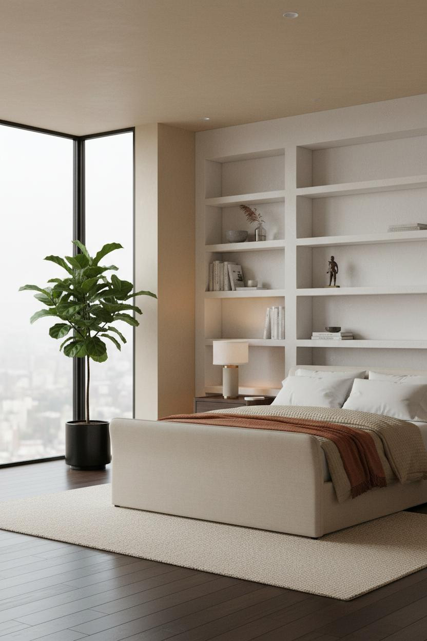 Modern Neutral Bedroom Built In Shelves Attic