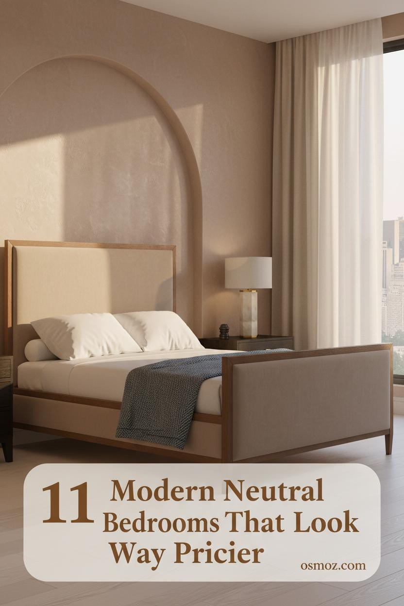 Warm Mushroom Plaster Accent Wall With Arched Niche Cream Percale Bedding Steel Blue Throw Walnut Nightstand Ivory Linen Curtains