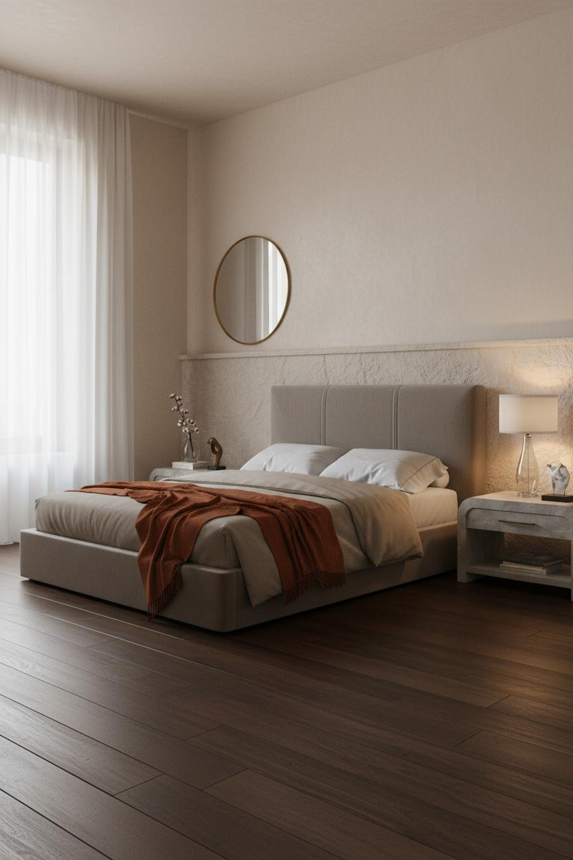 Modern Neutral Bedroom Stone Wainscoting Warm Wood