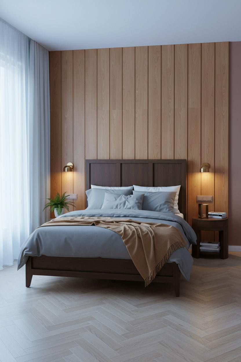 Mid Century Bedroom Warm Wood Accent Wall Dusty Rose