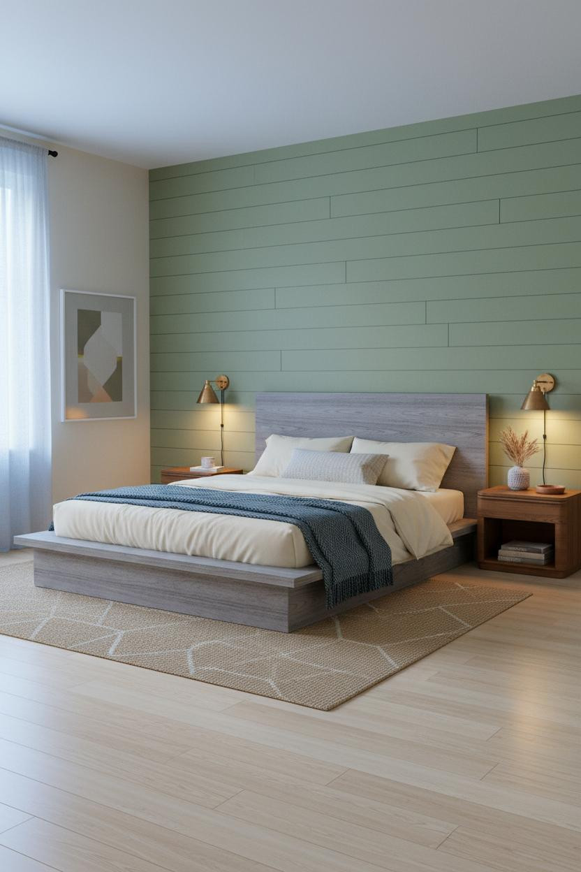 Mid Century Bedroom Sage Green Shiplap Walnut Design