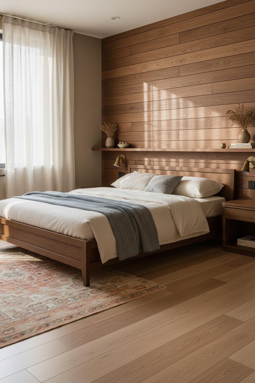 Mid Century Bedroom Walnut Slat Wall Brass Accents