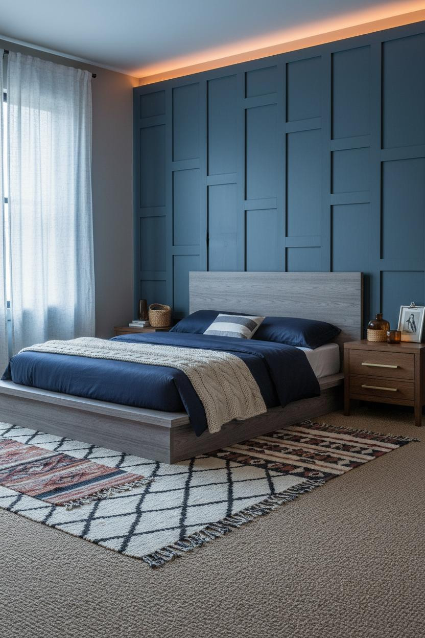 Mid Century Bedroom Slate Blue Board and Batten Walnut