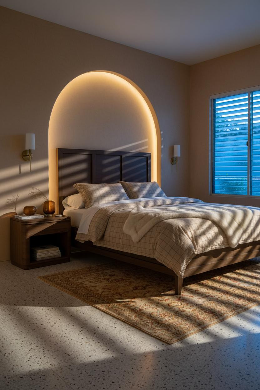Mid Century Bedroom Plaster Arch Terrazzo