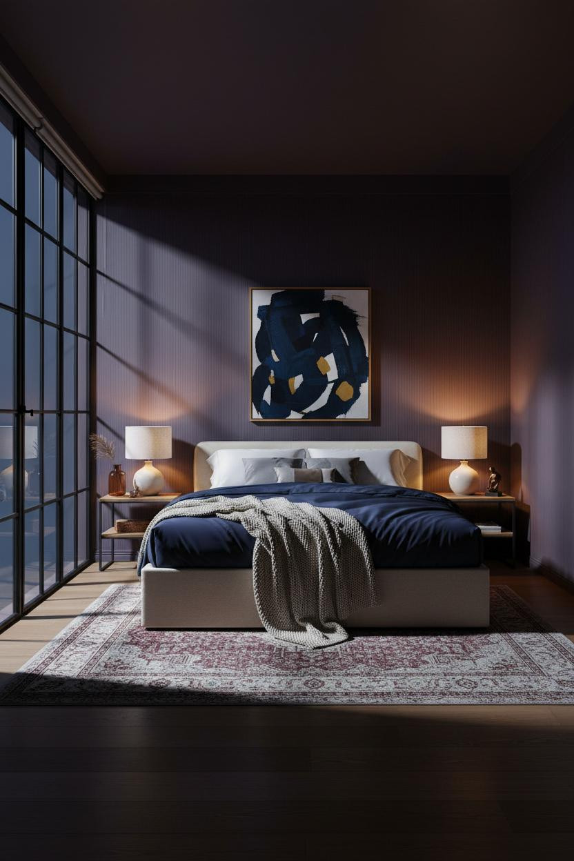 Cozy Luxury Bedroom Plum Walls Amber Lighting