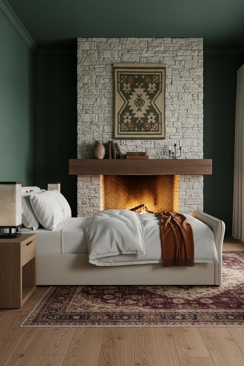 Cozy Luxury Bedroom Stone Fireplace Master