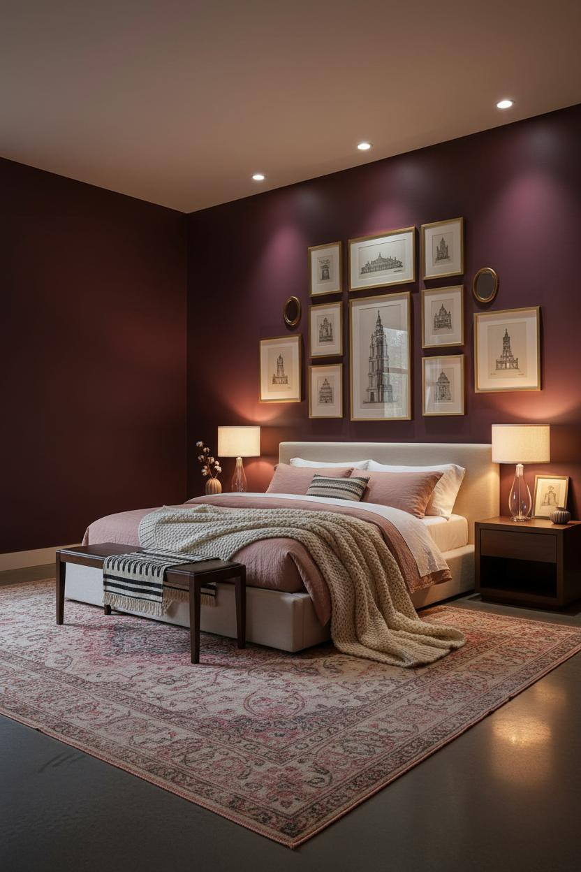 Cozy Luxury Bedroom Burgundy Gallery Wall