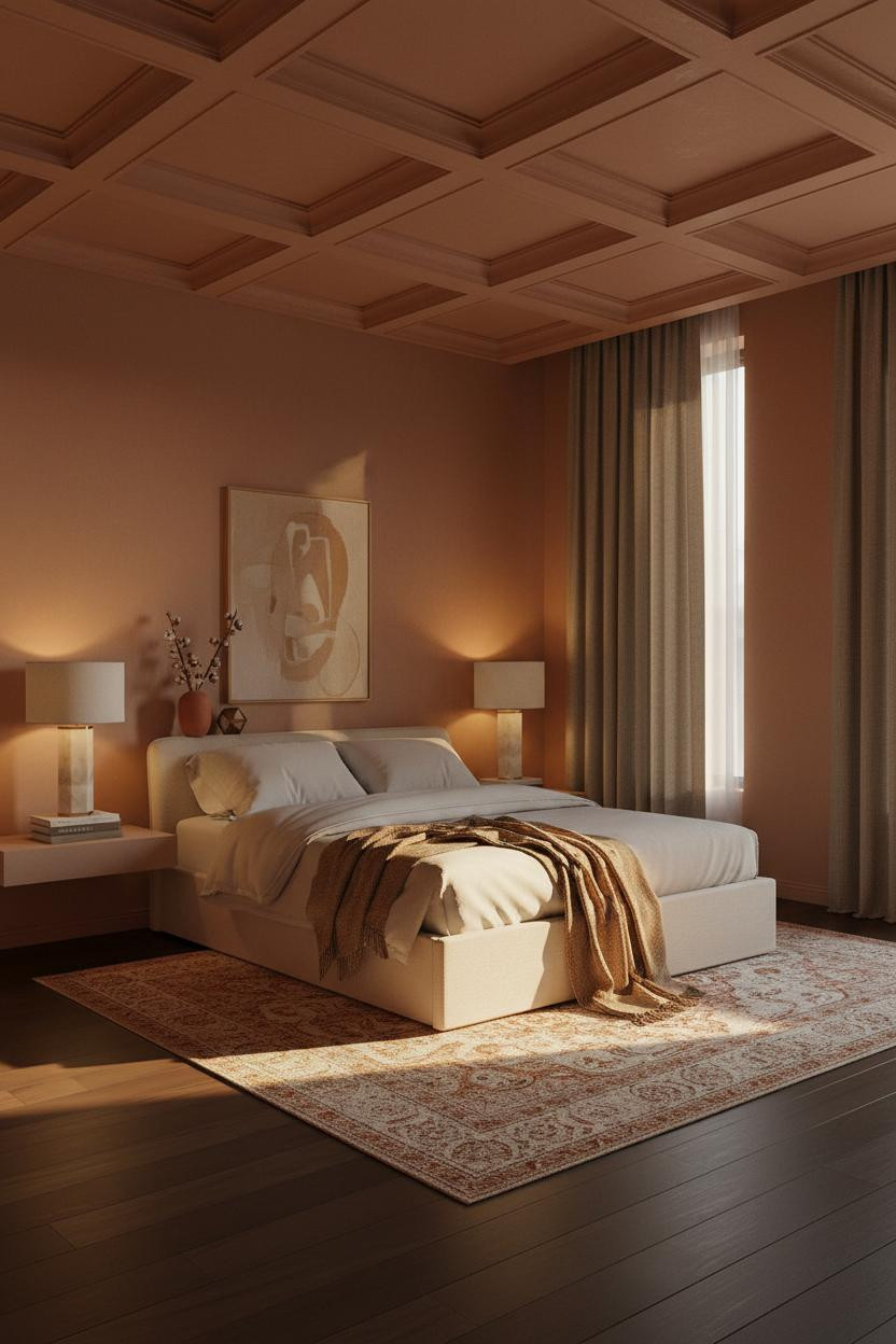 Cozy Luxury Bedroom Terracotta Coffered Ceiling