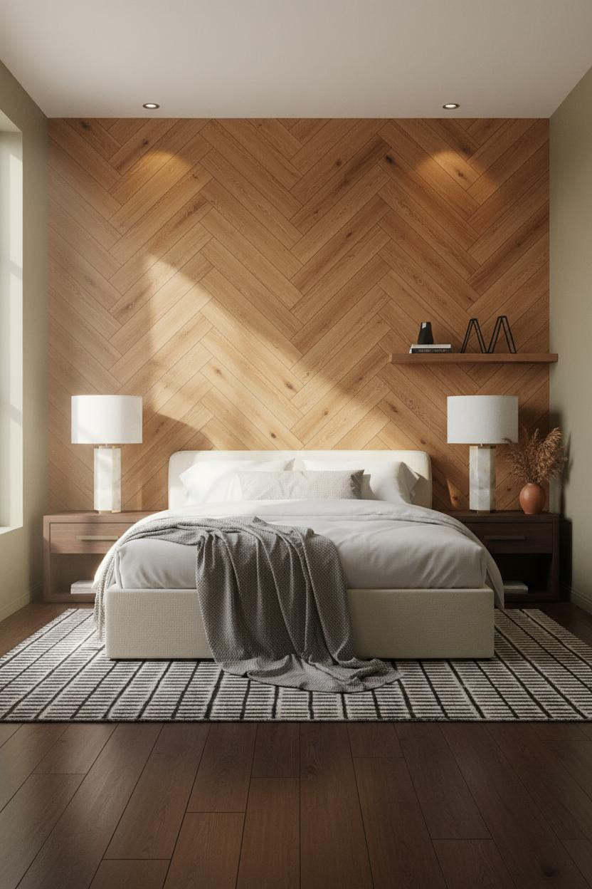 Cozy Luxury Bedroom Herringbone Wood Accent