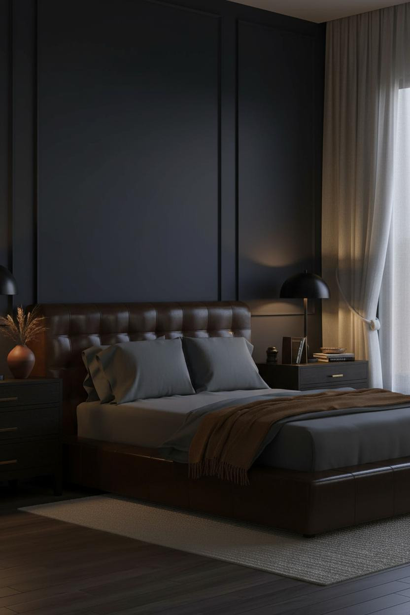 Moody Blue Bedroom Dark Navy Walls Amber Lighting