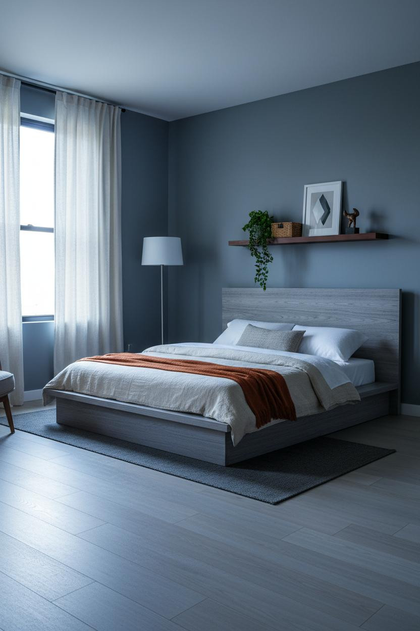 Moody Blue Bedroom Dark Navy Floating Shelf Aesthetic