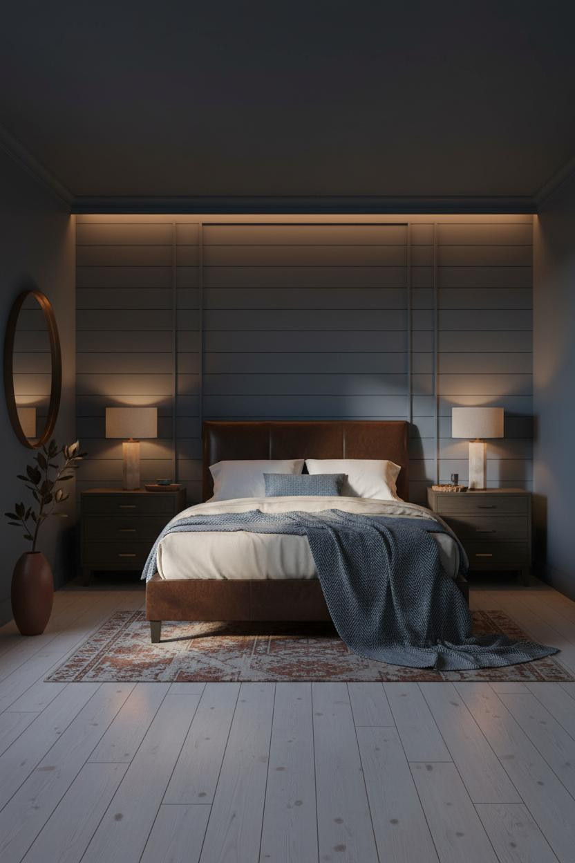 Moody Blue Bedroom Dark Denim Shiplap Lighting