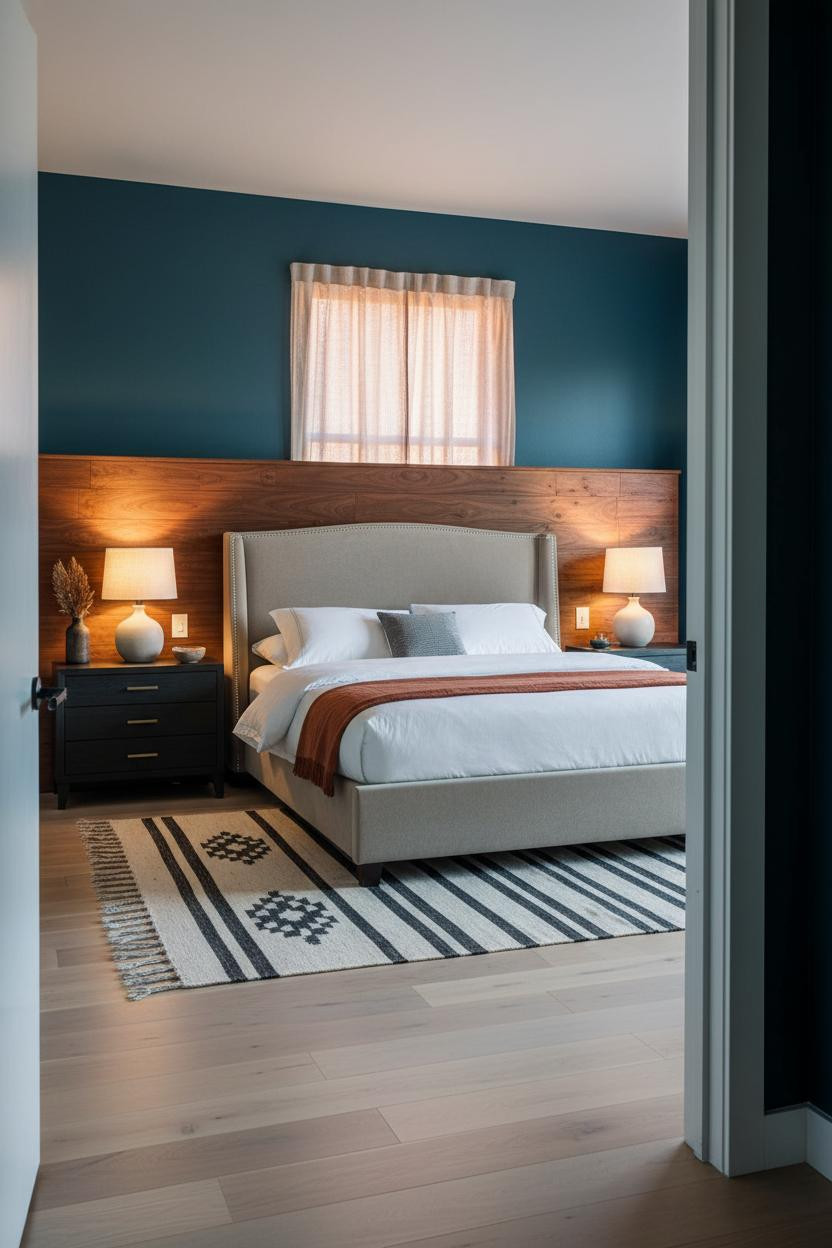 Moody Blue Bedroom Dark Teal Walls Walnut