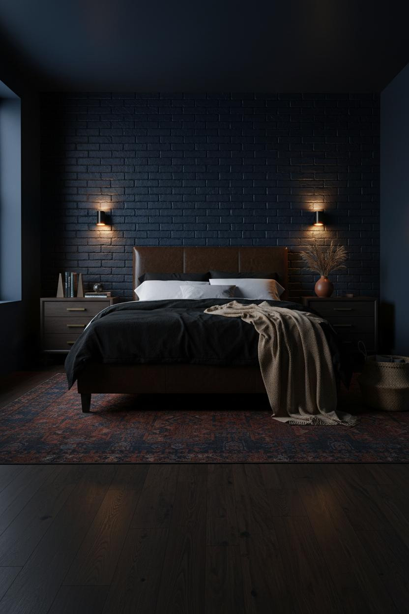 Moody Blue Bedroom Dark Navy Exposed Brick