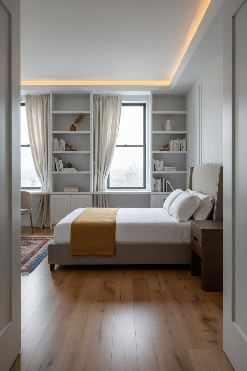 Studio Apartment Layout Built In Shelving
