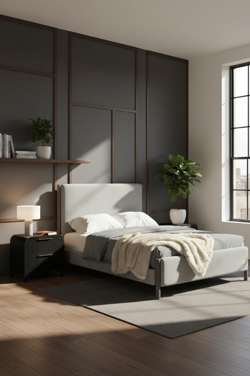 Modern Masculine Bedroom With Dark Charcoal Accent Wall and Walnut Trim