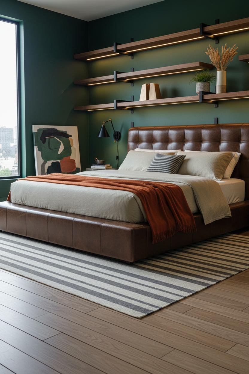 Modern Masculine Bedroom With Dark Green Walls and Walnut Floating Shelves