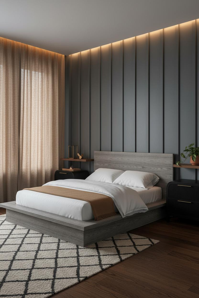 Modern Masculine Bedroom With Slate Board and Batten Accent Wall