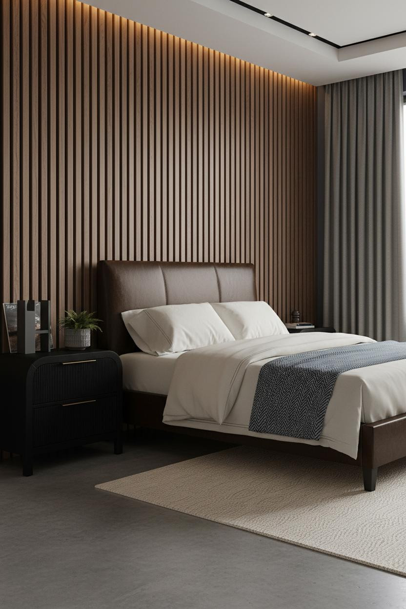 Modern Masculine Bedroom With Walnut Slat Accent Wall