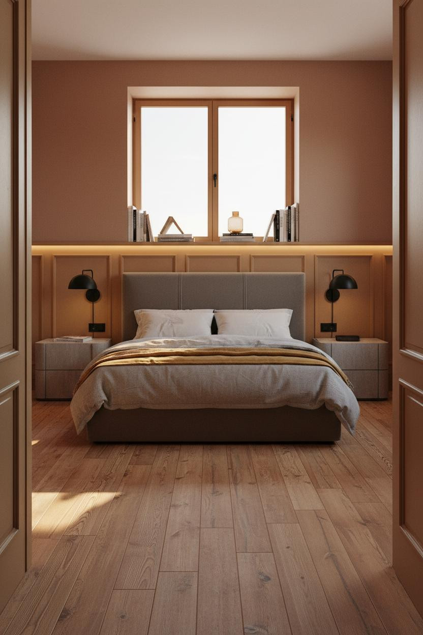 Modern Masculine Bedroom With Camel Wainscoting and Warm Wood