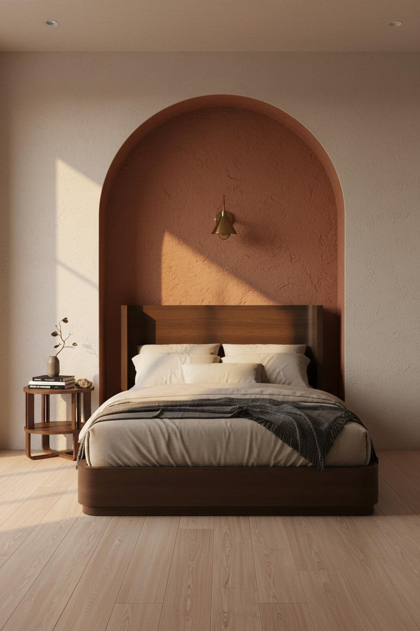Modern Masculine Bedroom With Textured Plaster Arch and Brass Sconces