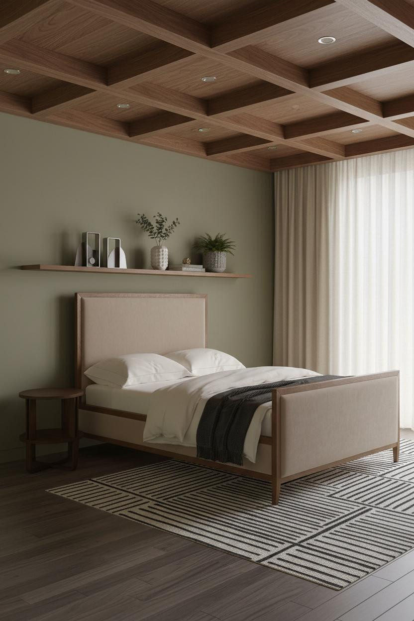 Modern Masculine Bedroom With Walnut Coffered Ceiling