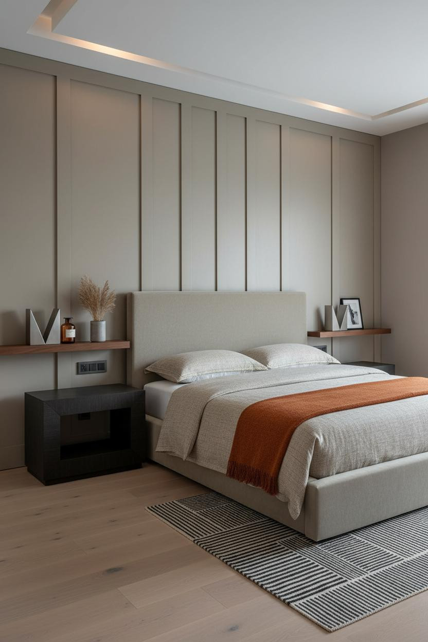 Modern Masculine Bedroom Design With Paneled Accent Wall