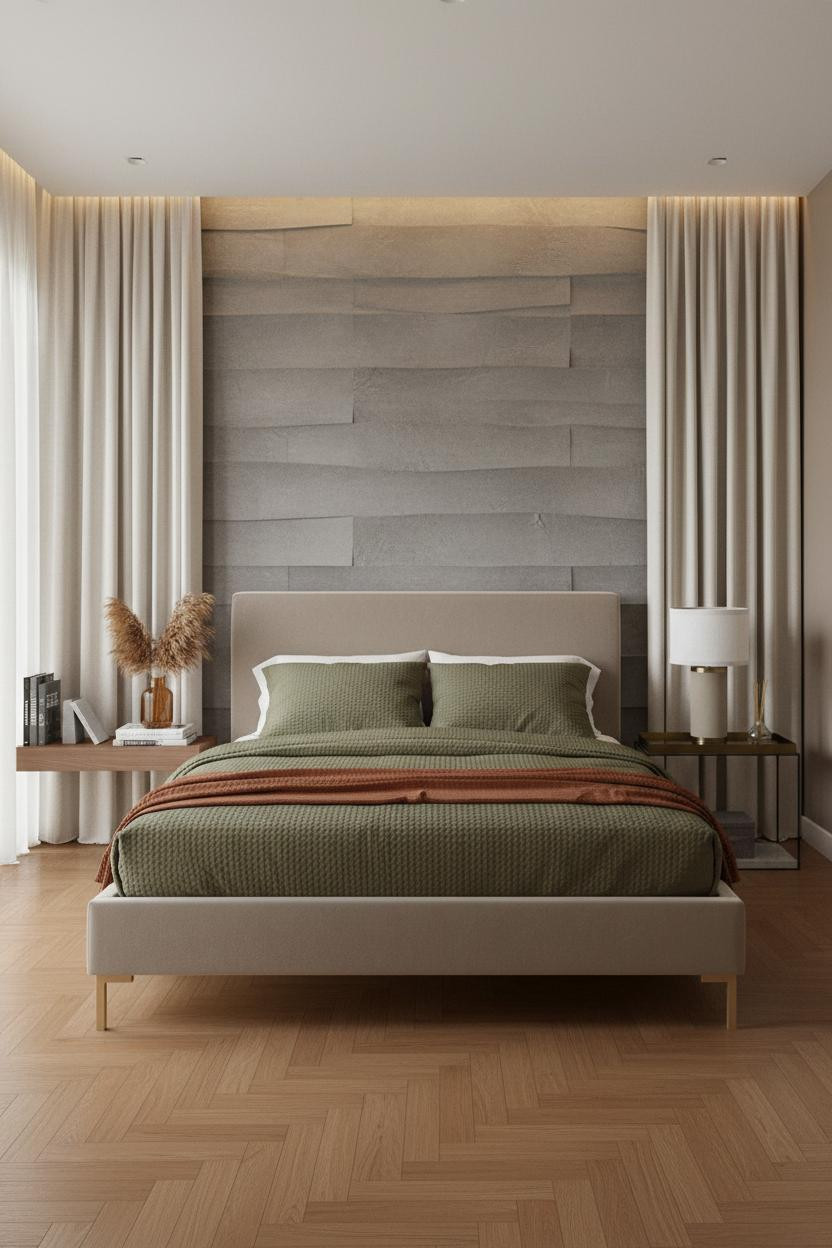 Modern Masculine Bedroom MCM Design With Stone Accent Wall