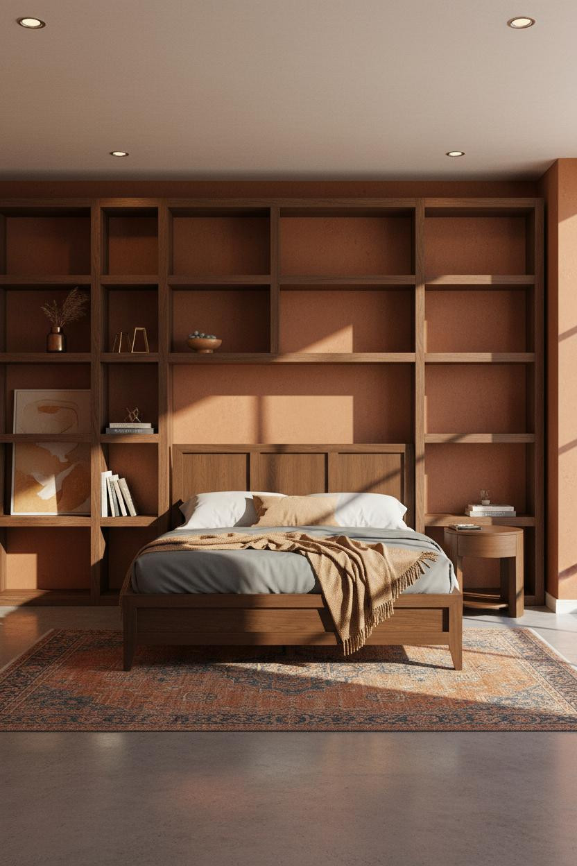 Mid Century Eclectic Bedroom Walnut Shelves