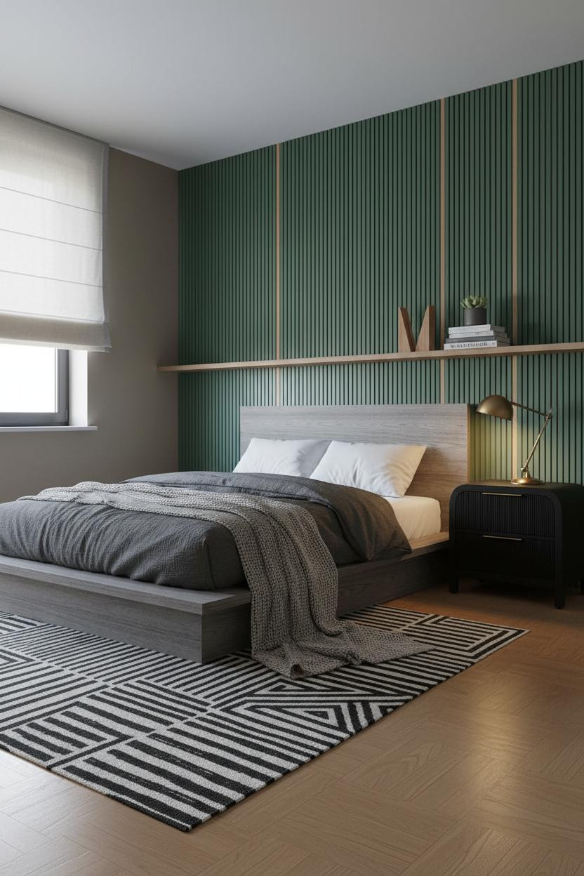 Modern Teen Boy Bedroom Earthy Green Slatted Wall
