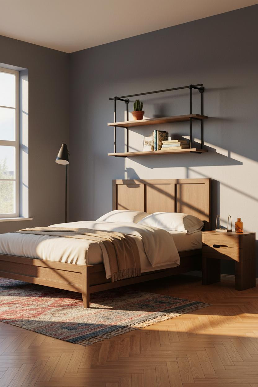 Modern Teen Boy Bedroom Earthy Wood Shelves