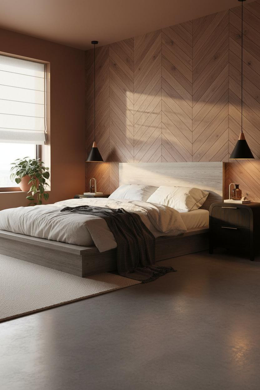 Modern Teen Boy Bedroom Earthy Scandi Herringbone Accent Wall