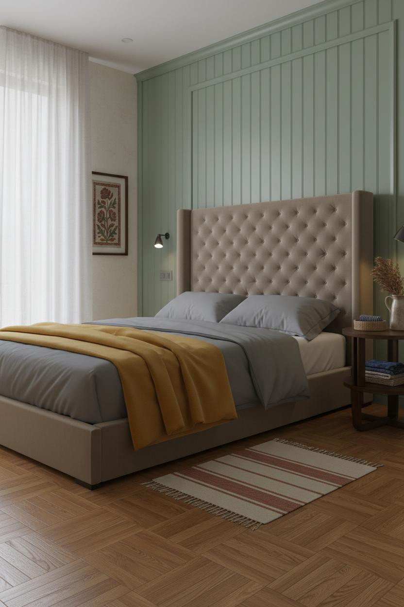 Small Indian Bedroom Sage Green Paneling Design
