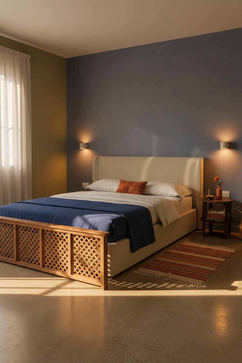 Small Indian Bedroom Jali Screen Warm Lighting